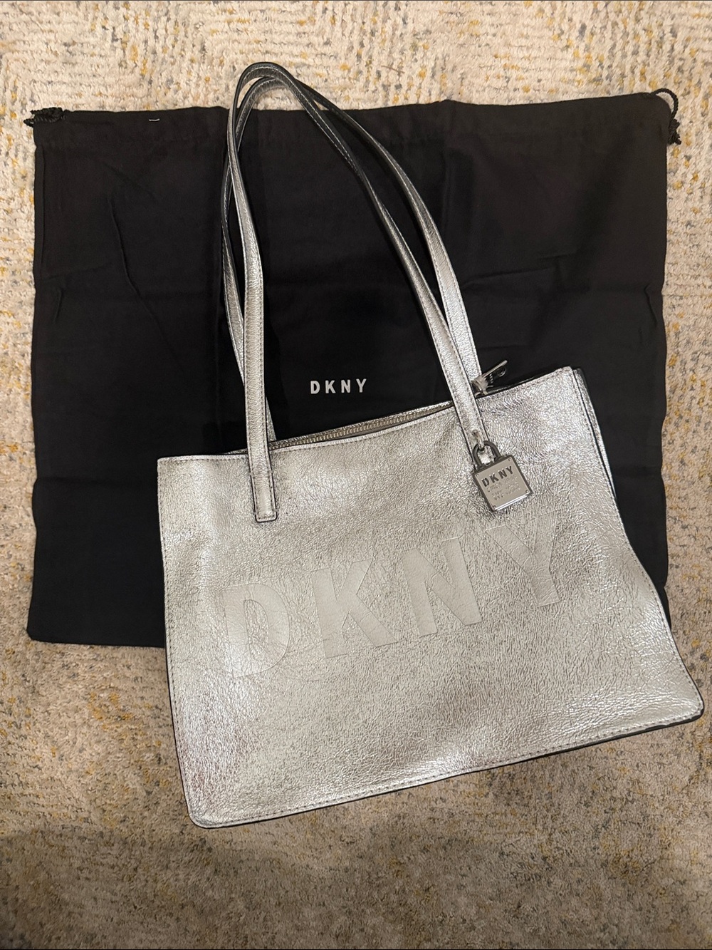 DKNY Metallic Silver Leather Tote with Lock Charm NWOT
